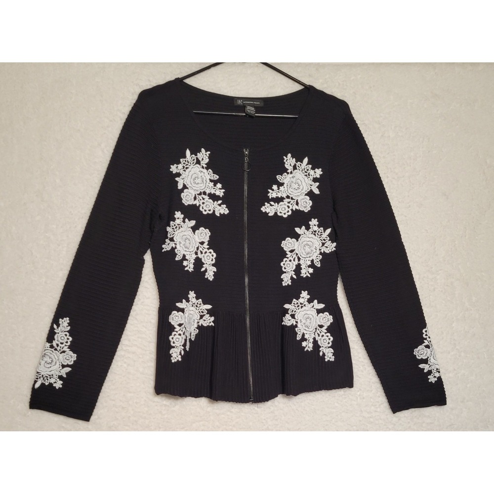 International Concepts Black Peplum Jacket Large Floral Zip Up INC Ribbed 0219